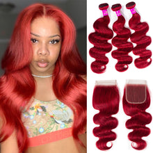 Load image into Gallery viewer, Brazilian Red Color Body Wave 3 Bundles With Lace Closure Virgin Human Hair Bundles With Lace Closure
