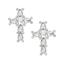 Load image into Gallery viewer, Silver Teardrop Crystal Cross Studs
