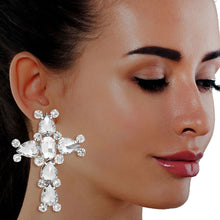 Load image into Gallery viewer, Silver Teardrop Crystal Cross Studs
