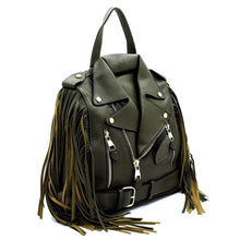 Load image into Gallery viewer, Military Green Moto Jacket Fringe Backpack
