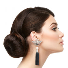 Load image into Gallery viewer, Designer Silver Pearl Bee Tassel Earrings
