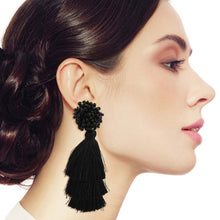 Load image into Gallery viewer, Black Cluster Bead Triple Tassel Earrings
