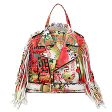 Load image into Gallery viewer, Red and Cream Graffiti Moto Jacket Backpack
