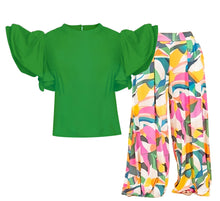 Load image into Gallery viewer, 3XL Green Ruffle Geometric Pant Set
