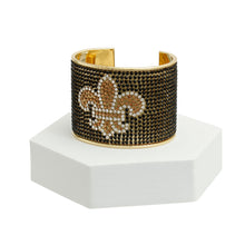 Load image into Gallery viewer, Black Rhinestone Fleur de Lis Gold Cuff
