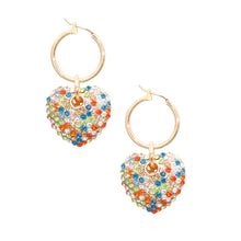 Load image into Gallery viewer, Rainbow Rhinestone Heart Hoops
