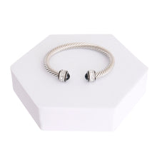 Load image into Gallery viewer, Black Pearl Twisted Cable Silver Bangle
