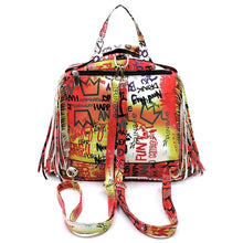 Load image into Gallery viewer, Red and Cream Graffiti Moto Jacket Backpack

