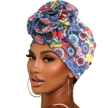 Load image into Gallery viewer, Navy African Print Flower Knot Turban
