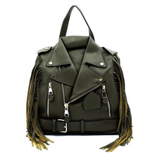 Load image into Gallery viewer, Military Green Moto Jacket Fringe Backpack
