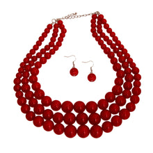 Load image into Gallery viewer, Silver and Graduated Red Pearl Beads 3 Strand Layered Necklace Set
