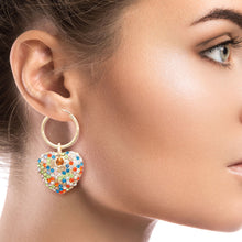 Load image into Gallery viewer, Rainbow Rhinestone Heart Hoops
