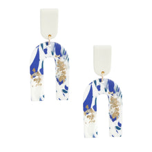 Load image into Gallery viewer, Blue and White Marbled Clay U Drop Earrings
