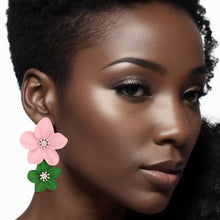 Load image into Gallery viewer, Pink Green Flower Earrings
