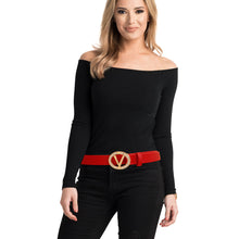 Load image into Gallery viewer, Red and Gold Rhinestone V Designer Belt
