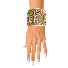 Load image into Gallery viewer, Gold Pink Green Rhinestone Wide Cuff

