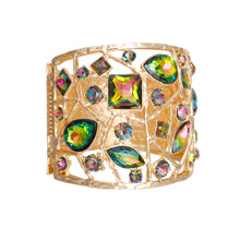 Load image into Gallery viewer, Gold Pink Green Rhinestone Wide Cuff
