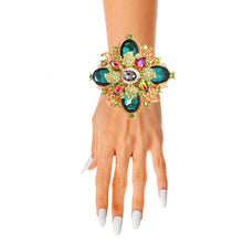 Load image into Gallery viewer, Green Filigree Crystal Flower Cuff

