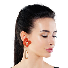 Load image into Gallery viewer, Red Flower Gold Teardrop Earrings
