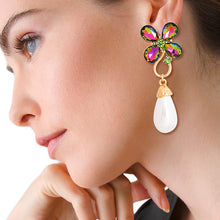 Load image into Gallery viewer, Pink Green Flower Pearl Teardrop Earrings
