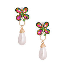 Load image into Gallery viewer, Pink Green Flower Pearl Teardrop Earrings
