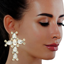 Load image into Gallery viewer, Gold Teardrop Crystal Cross Studs
