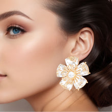 Load image into Gallery viewer, Clip On Gold Medium Crystal Flower Earrings Women
