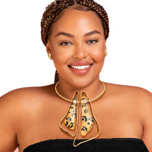 Load image into Gallery viewer, Wild Elegance: Gold Twisted Metal Necklace Set with Leopard Print Accents
