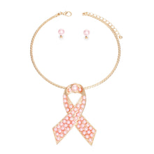 Load image into Gallery viewer, Gold Pink Pearl Cancer Ribbon Pendant Collar
