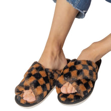 Load image into Gallery viewer, Medium Brown Checkered Fur Slippers
