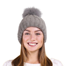 Load image into Gallery viewer, Gray Fox Fur Pom Beanie
