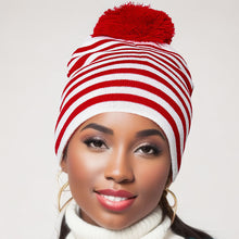 Load image into Gallery viewer, Red White Stripe Pom Beanie
