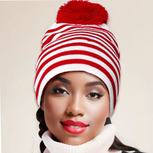 Load image into Gallery viewer, Red White Stripe Pom Beanie
