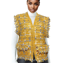 Load image into Gallery viewer, Gold Threaded Plaid Tweed Mustard Vest for Women
