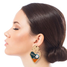 Load image into Gallery viewer, Gold and Blue Resin Heart Earrings

