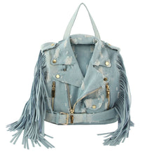 Load image into Gallery viewer, Denim Moto Fringe Backpack
