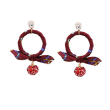 Load image into Gallery viewer, Burgundy Wrapped Ring Earrings Featuring Red Glitter Drop Ball
