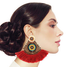 Load image into Gallery viewer, Floral Bead Burgundy Tassel Earrings
