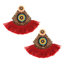 Load image into Gallery viewer, Floral Bead Burgundy Tassel Earrings
