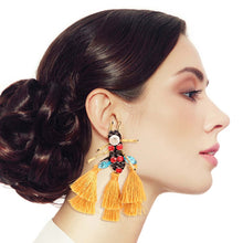 Load image into Gallery viewer, Rhinestone and Tassel Mustard Bee Earrings
