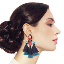 Load image into Gallery viewer, Rhinestone and Tassel Navy Bee Earrings
