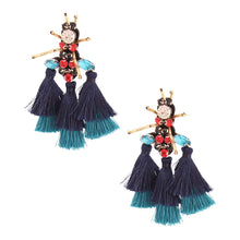 Load image into Gallery viewer, Rhinestone and Tassel Navy Bee Earrings
