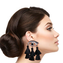 Load image into Gallery viewer, Black Evil Eye Tassel Earrings
