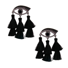 Load image into Gallery viewer, Black Evil Eye Tassel Earrings
