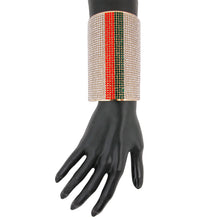 Load image into Gallery viewer, Designer Style Rhinestone Cuff Bracelet with Vertical Green and Red Stripes

