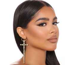 Load image into Gallery viewer, Gold Baby Hoop Earrings with Long Rhinestone Cross

