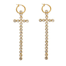 Load image into Gallery viewer, Gold Baby Hoop Earrings with Long Rhinestone Cross
