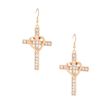 Load image into Gallery viewer, Gold Heart Cross Fish Hook Earrings
