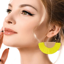 Load image into Gallery viewer, Neon Yellow Fan Tassel Hoops
