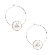 Load image into Gallery viewer, Silver Bee Accented Pearl Hoops
